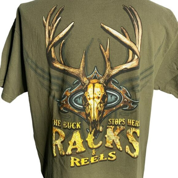 Racks Reels Crewneck Short Sleeve T Shirt L Green Double Sided Graphic Hunting - Picture 2 of 7